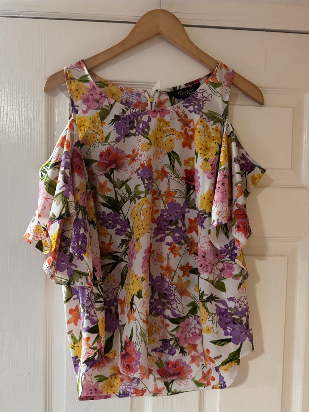 Floral Cold-Shoulder Blouse in White with Multi-Color Print-Thalia Sofia